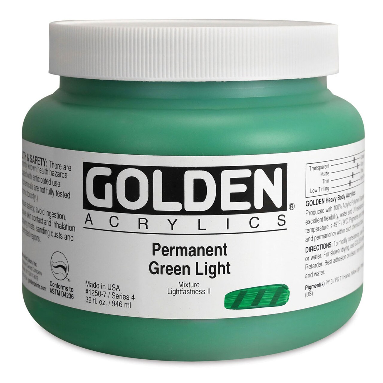 Golden Heavy Body Artist Acrylics - Permanent Green Light, 32 oz Jar